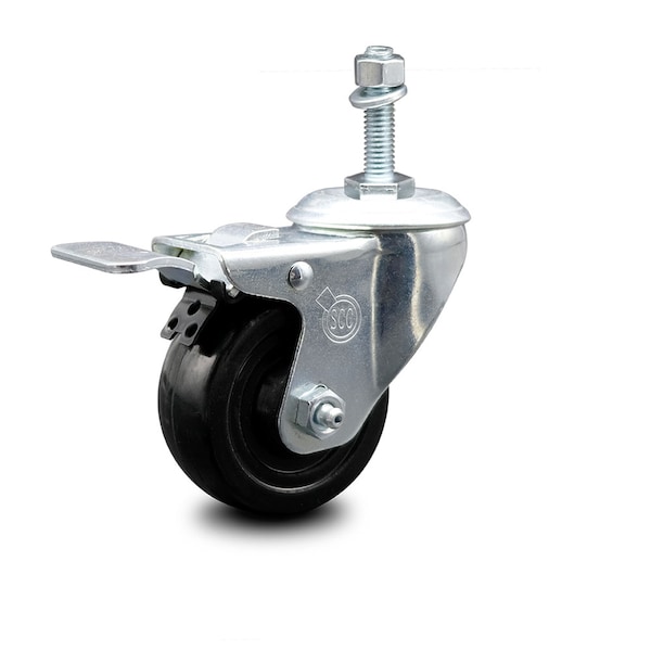 3 Inch Hard Rubber Wheel Swivel 3/8 Inch Threaded Stem Caster Total Lock Brake